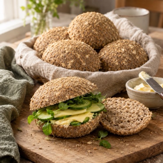 Kalljästa bovete- och havrebullar i en brödkorg, en bulle med ost och gurka (serveringsförslag)