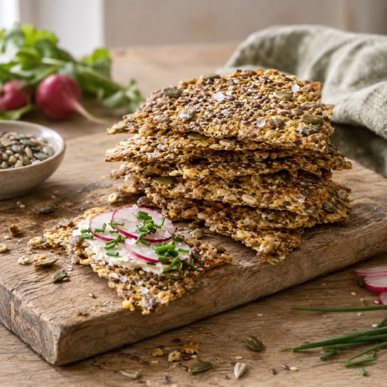 Glutenfritt fröknäcke, en bit med färskost, rädisor och gräslök (serveringsförslag)