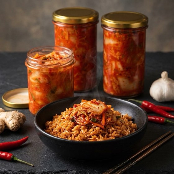 Stekt ris med medelstark kimchi, burkar, chili, ingefära och vitlök (serveringsförslag)
