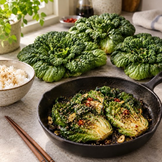 Pak choi stekt i gjutjärnspanna med vitlök, chili och sesam (serveringsförslag)