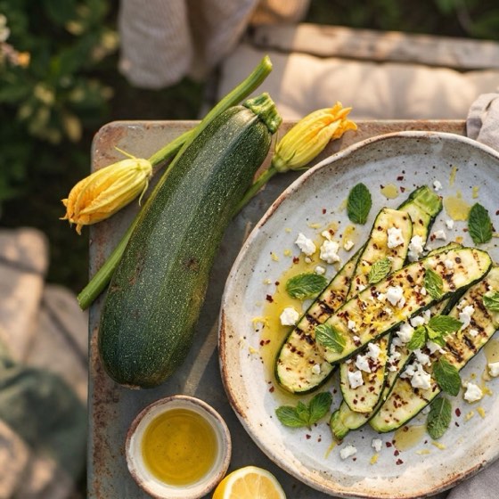 Zucchini med blommor och grillade zucchiniskivor med fetaost och mynta (serveringsförslag)
