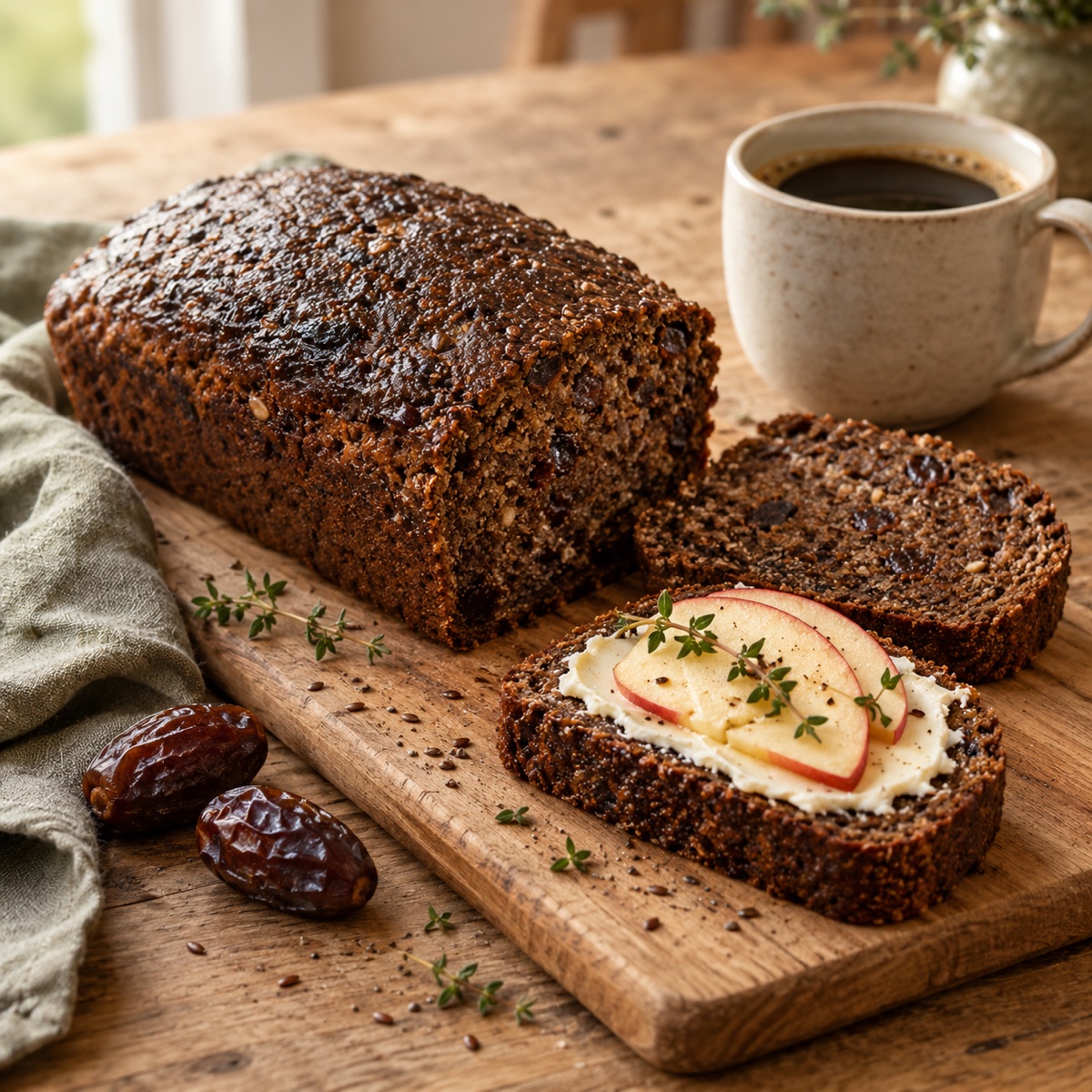 Skivat glutenfritt dadelbröd, en skiva med färskost och äpple, dadlar och kaffe bredvid (serveringsförslag)
