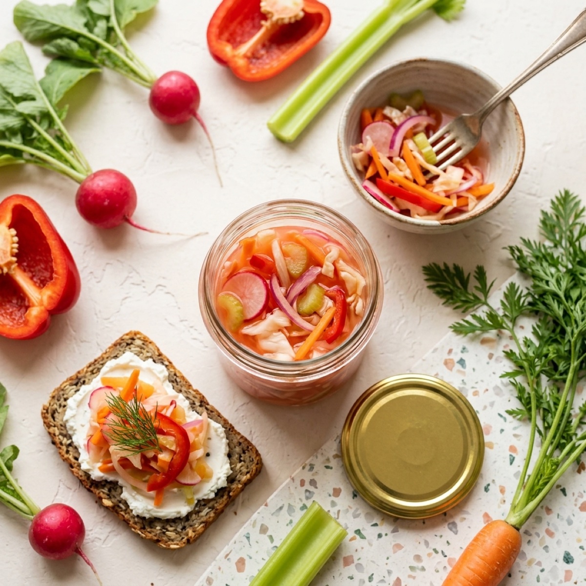 Fermenterad mix i burk och skål, på glutenfri smörgås med färskost, med rädisor, morot och paprika (serveringsförslag)