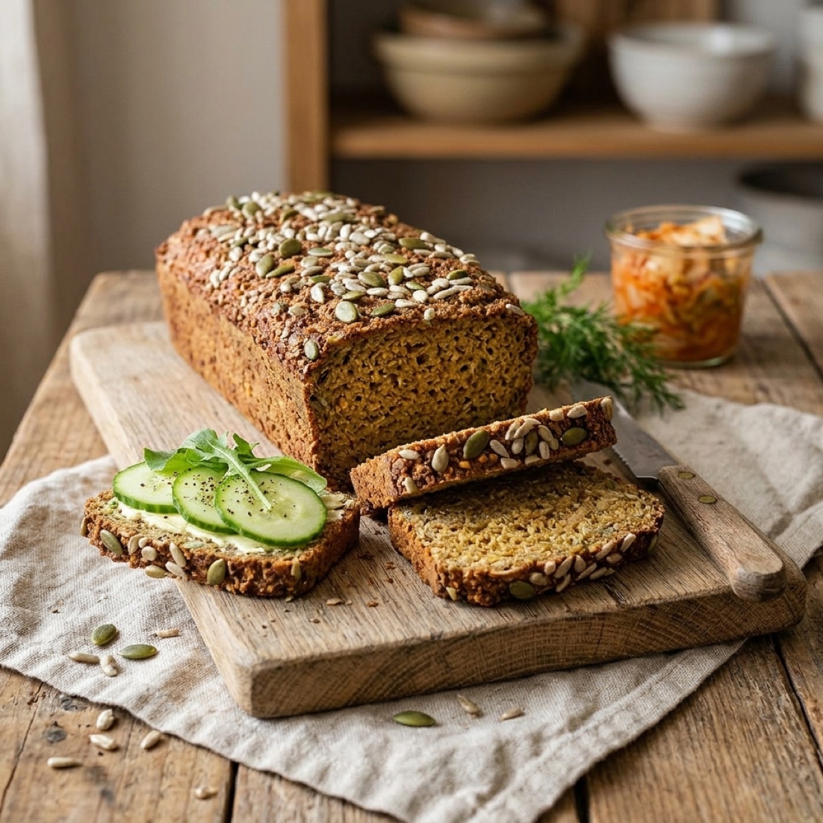 Skivat glutenfritt havrebröd med pumpa- och solrosfrön, en skiva med gurka och ruccola (serveringsförslag)